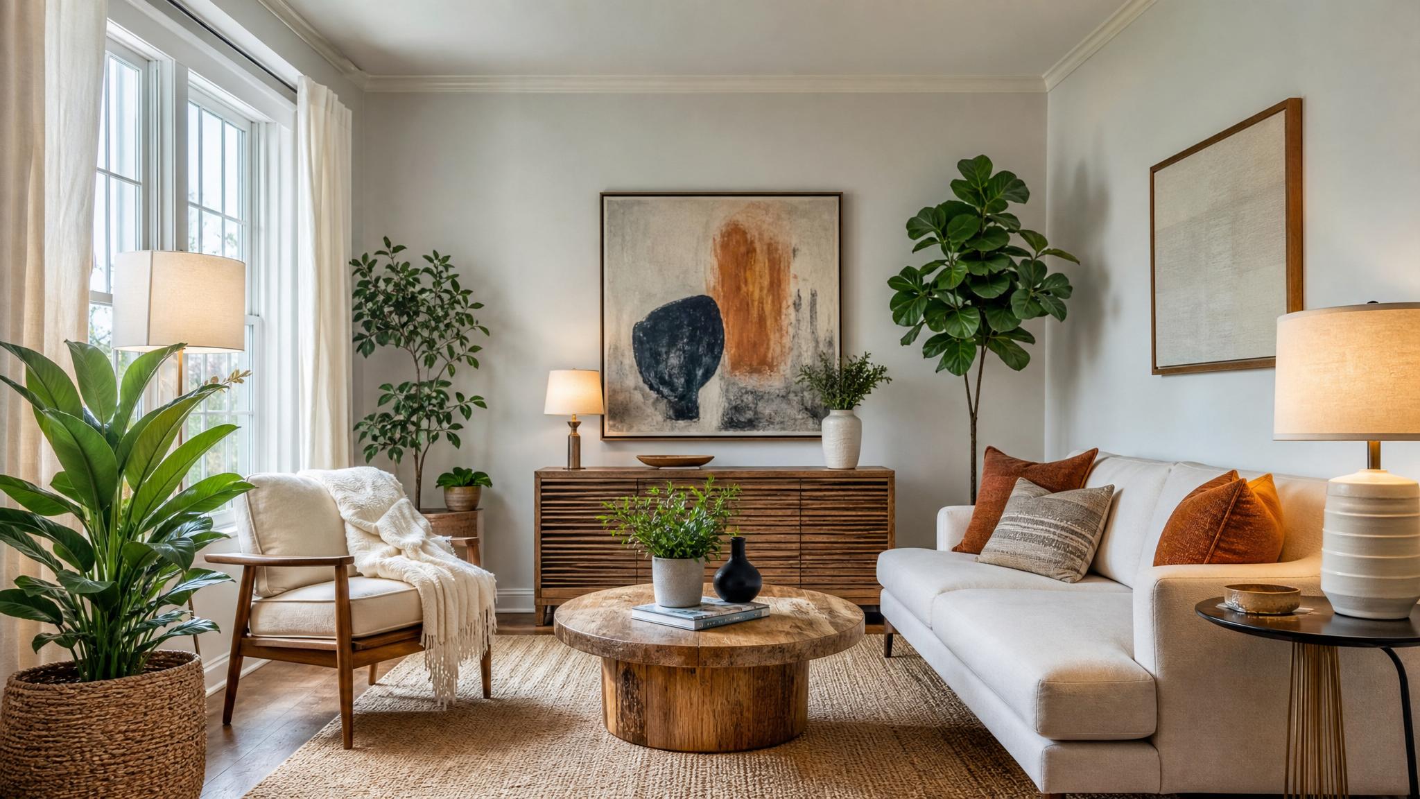 A beautifully decorated small living room with plants and modern art.