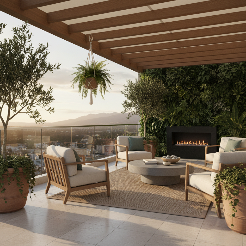 A beautifully designed transitional balcony showcasing modern furniture and natural elements.