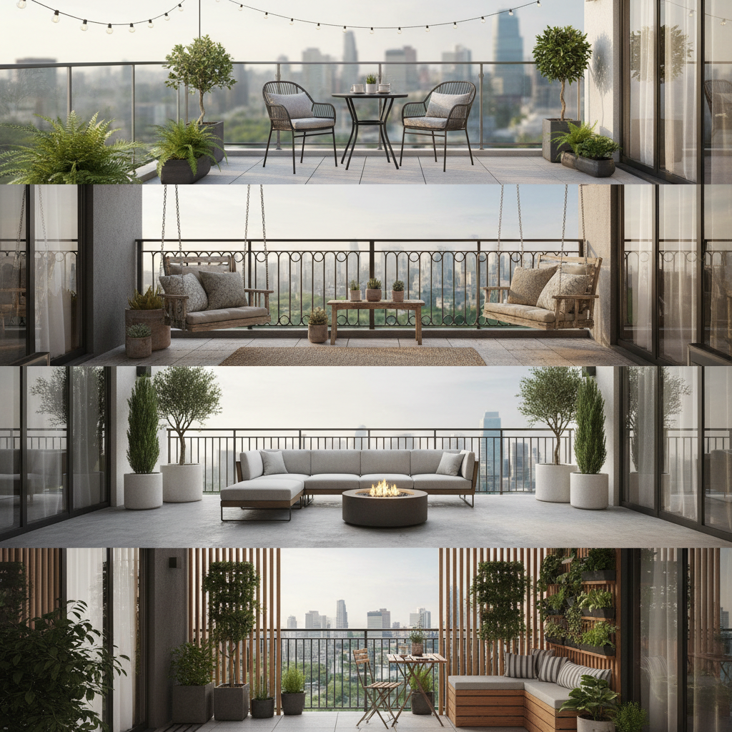 A digital mockup demonstrating various transitional balcony configurations with different furniture layouts.