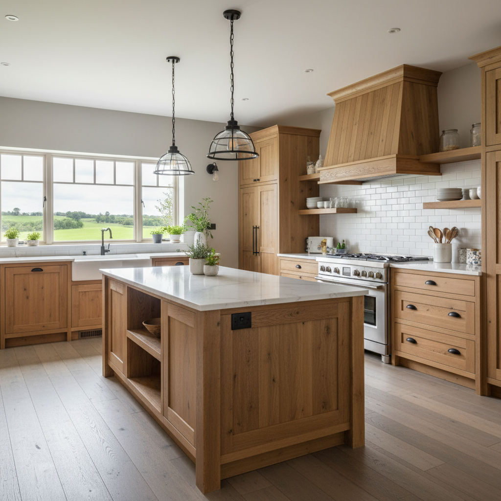 Image of farmhouse kitchen elements like wood cabinets and a large island