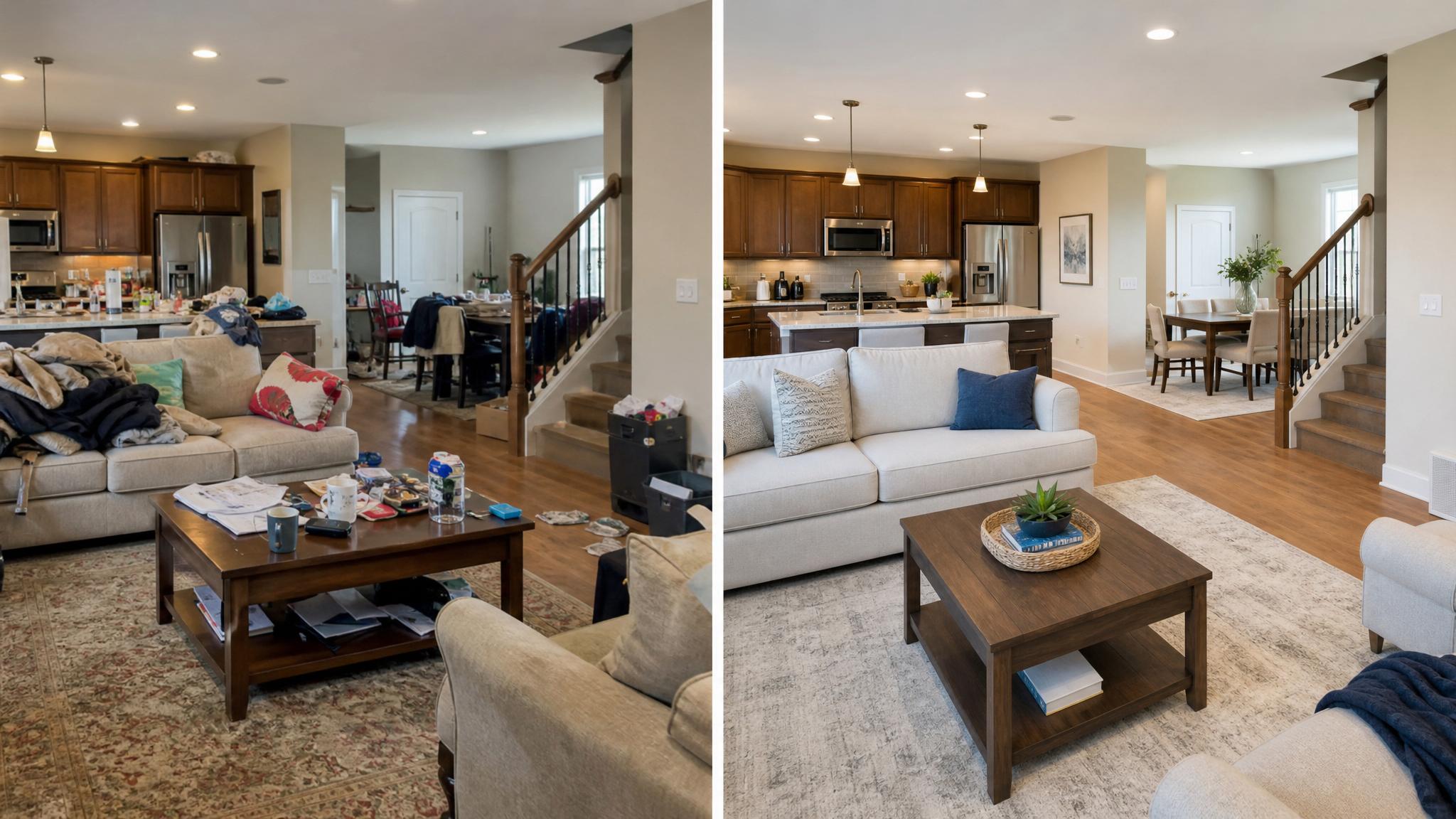 Before and after decluttered open-plan living room