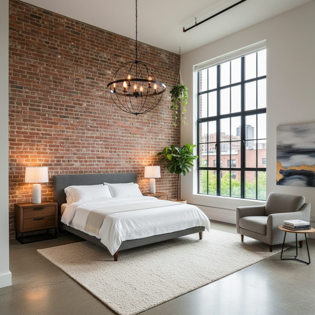 An urban loft bedroom design showcasing exposed brick, high ceilings, and large windows.