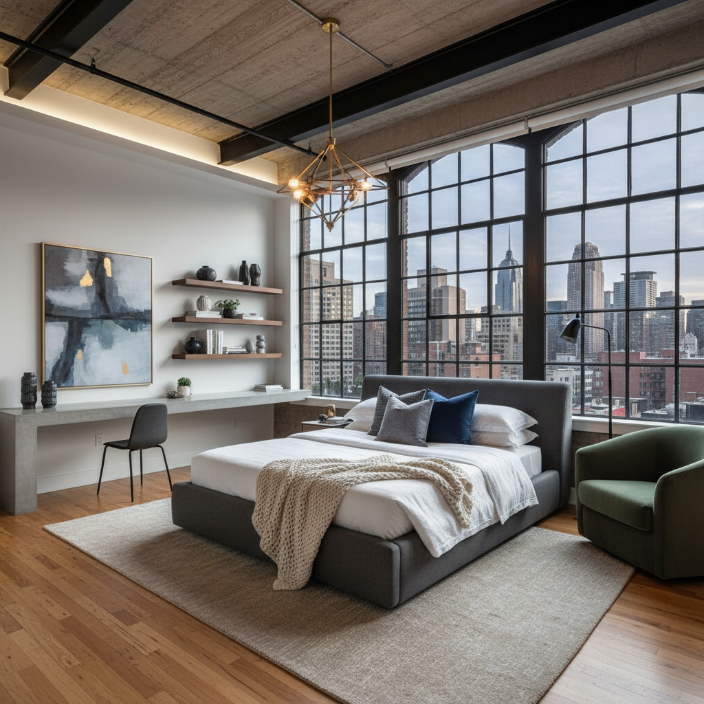 AI-generated interior design layout for an urban loft bedroom.