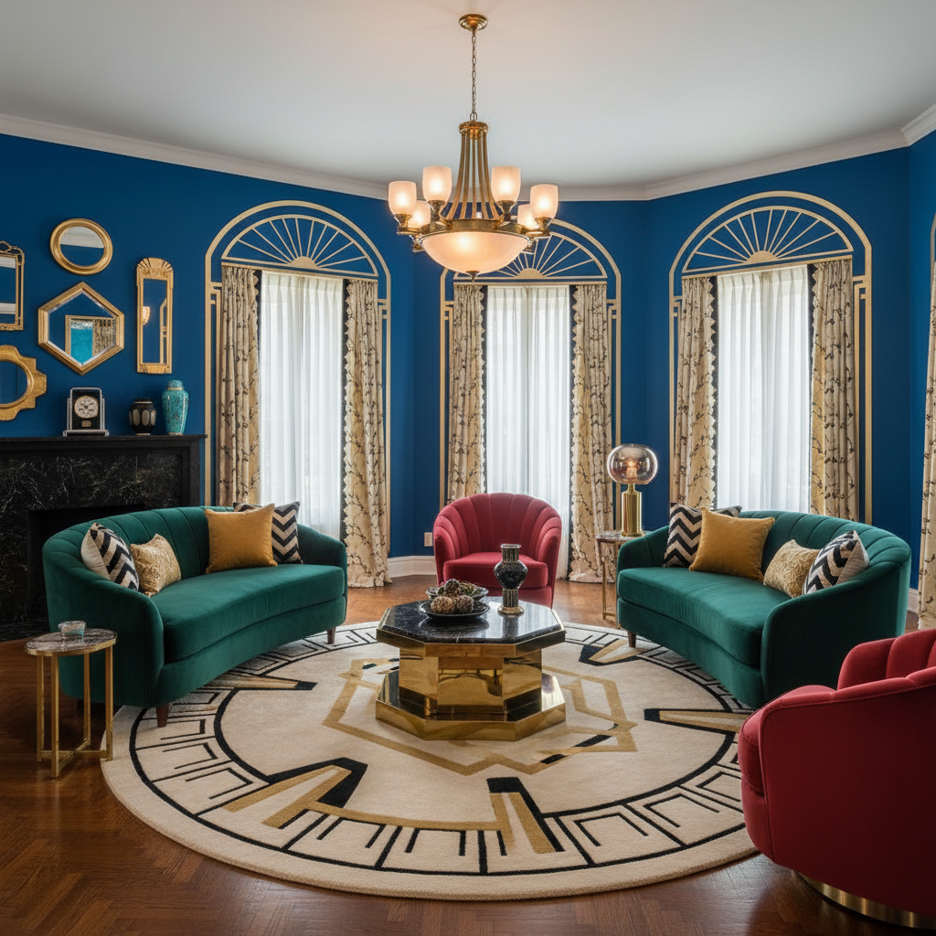 Art Deco living room design example with geometric patterns and rich colors.