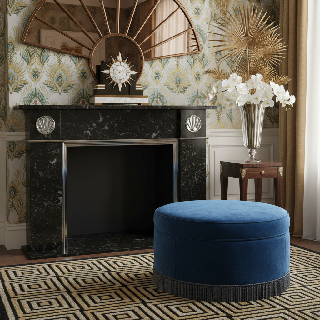 Close-up of Art Deco decor and materials in a small living room.
