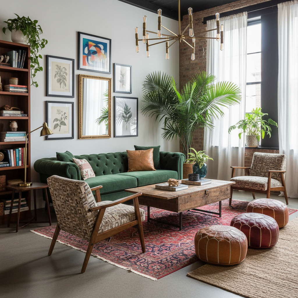 A beautifully designed eclectic living room showcasing a mix of styles.