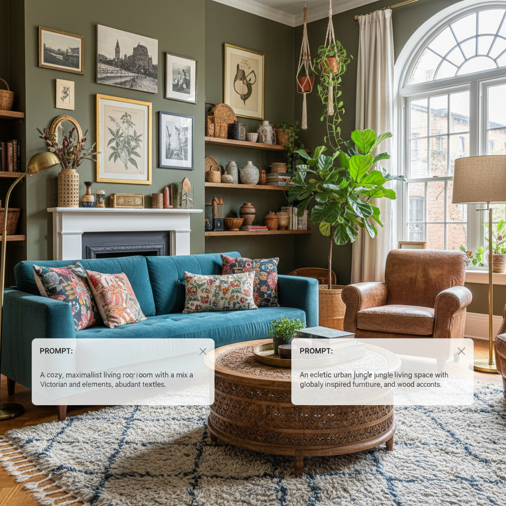 Screenshots of AI interior design prompts used for an eclectic living room.