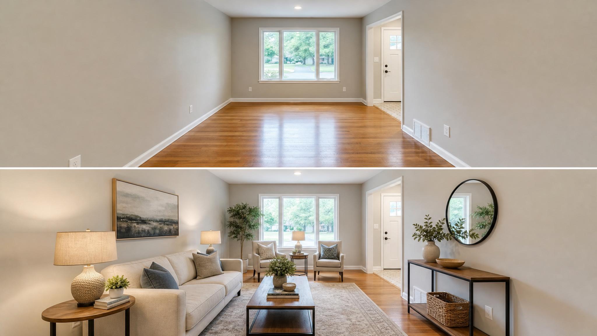 Before and after staging of a small living room