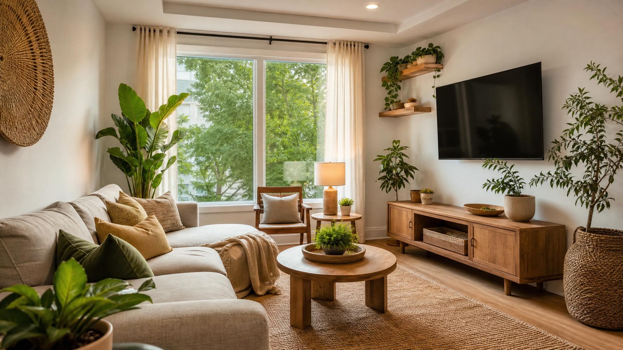 After makeover: a vibrant small living room with natural elements, plants, and improved lighting.