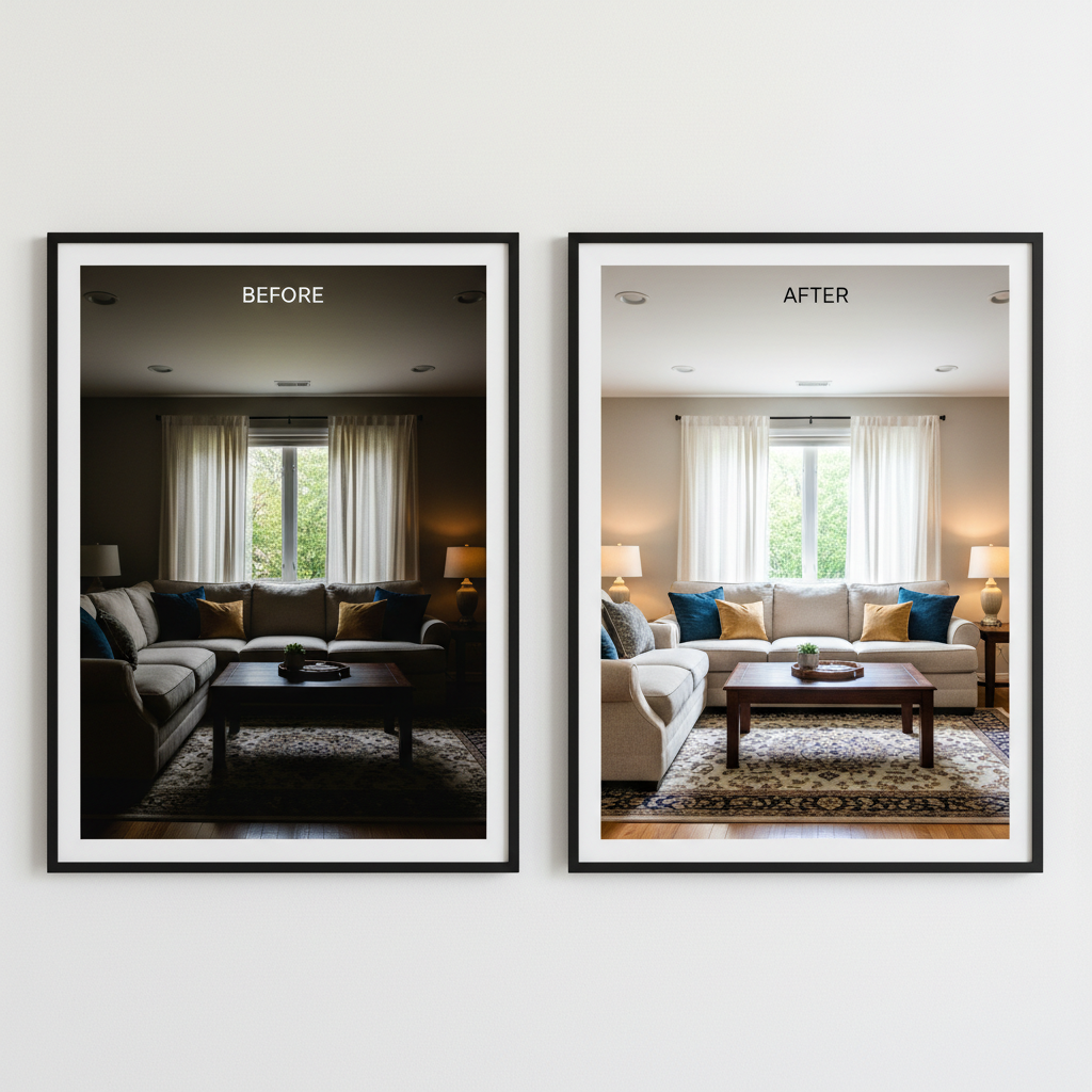 Comparison of a poorly lit vs. well-lit living room photo