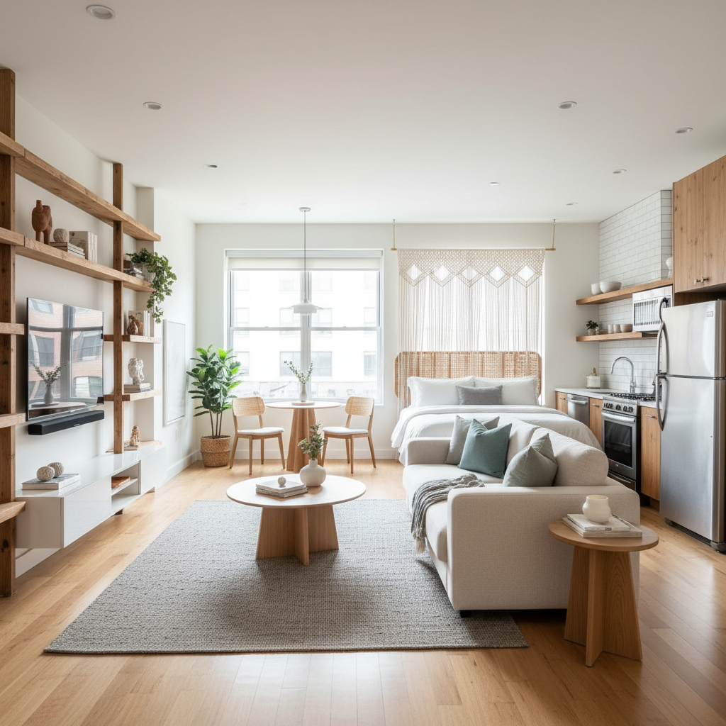 A beautifully staged studio apartment, showcasing a bright and inviting space.