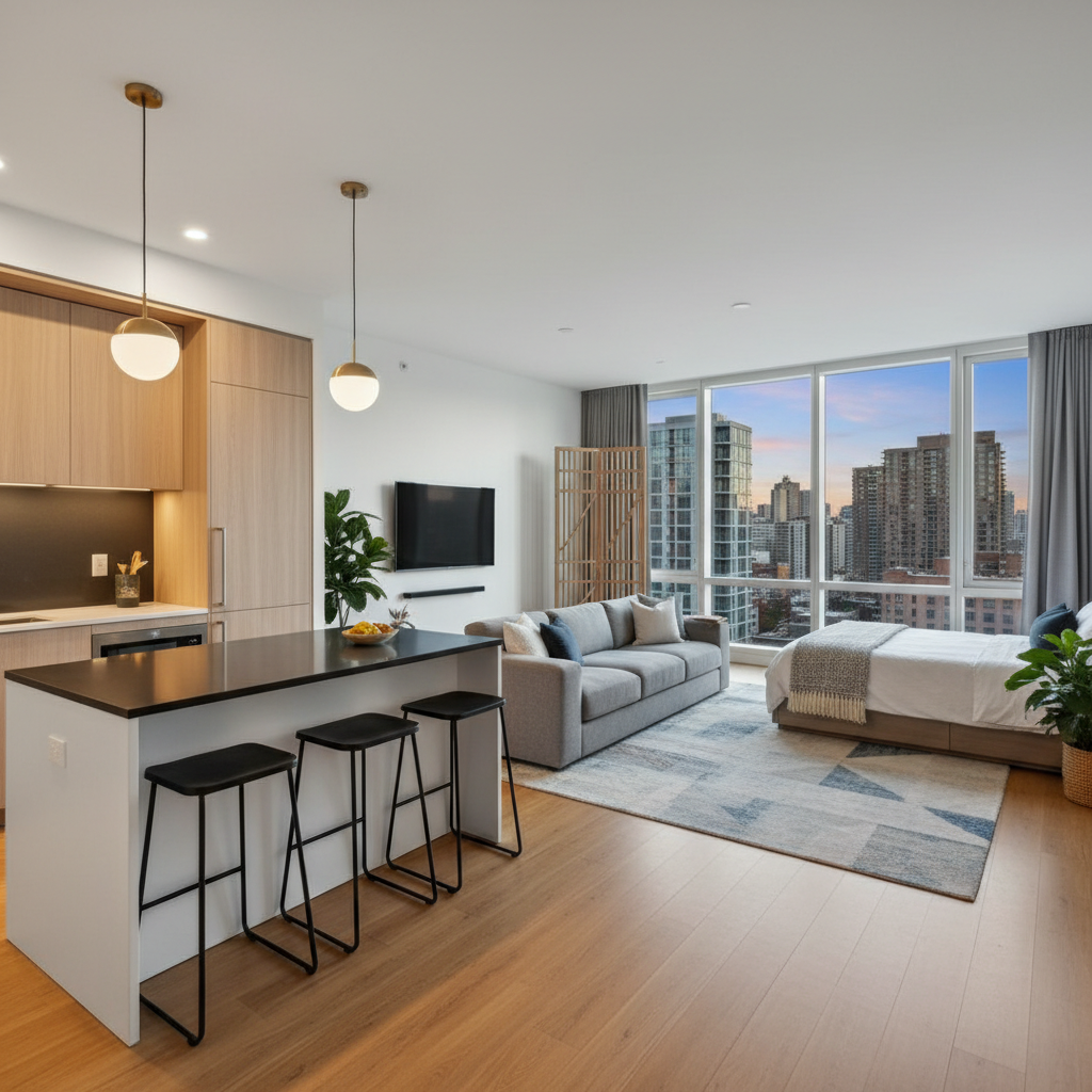 Wide-angle shot of a modern studio, emphasizing the spacious layout.