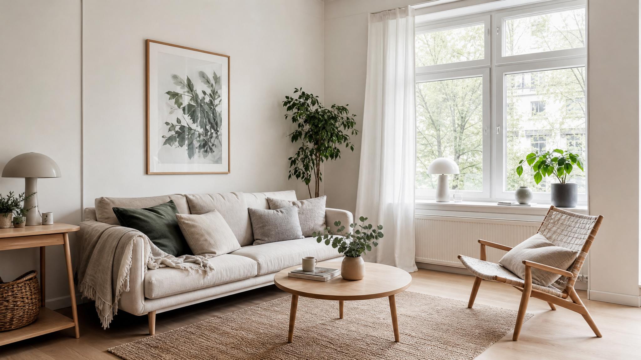 A beautifully staged Nordic small living room featuring neutral colors and minimal furniture.