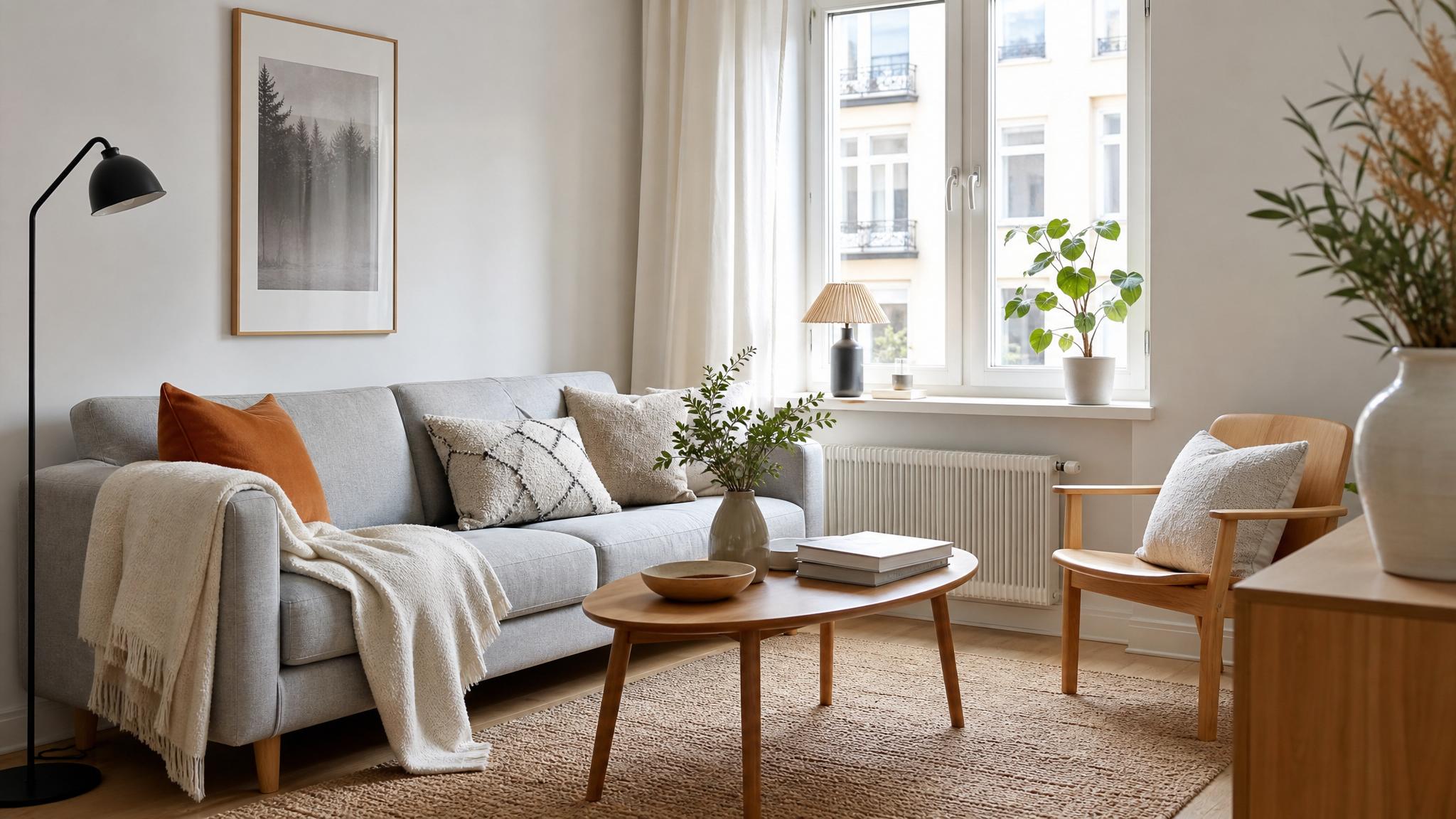 Natural light-filled Nordic small living room with functional furniture and warm textiles.