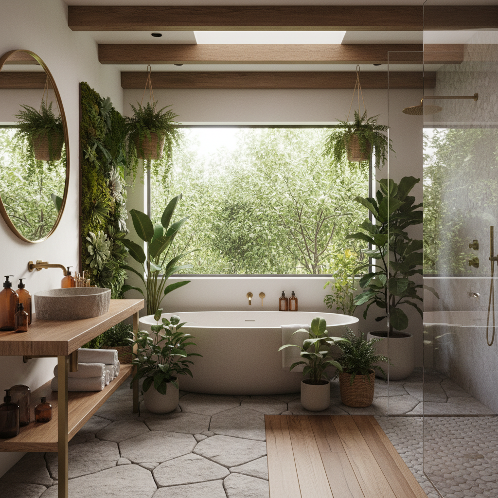 Image of a serene biophilic bathroom with natural elements.