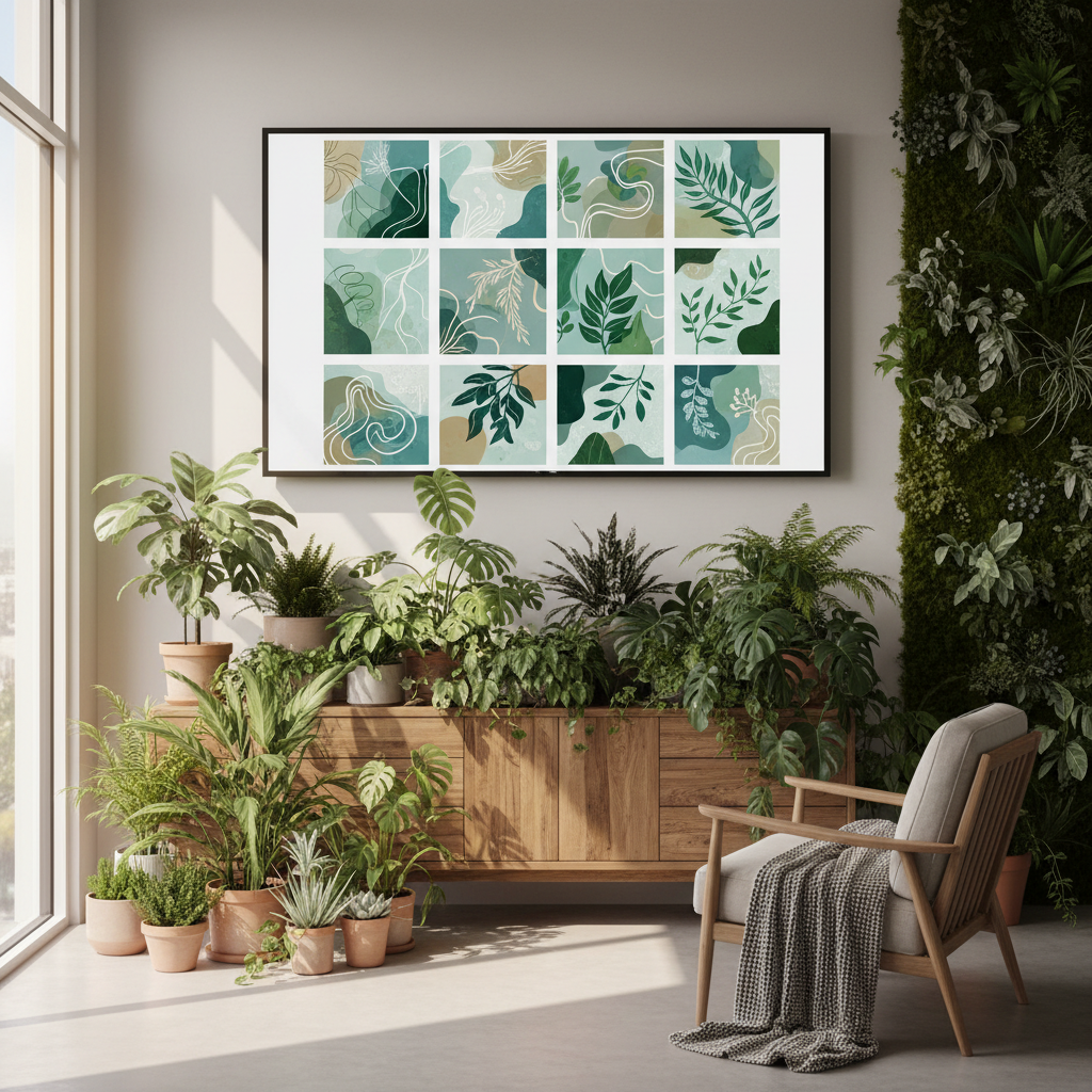 Image of design prompts displayed on a screen with a biophilic aesthetic.