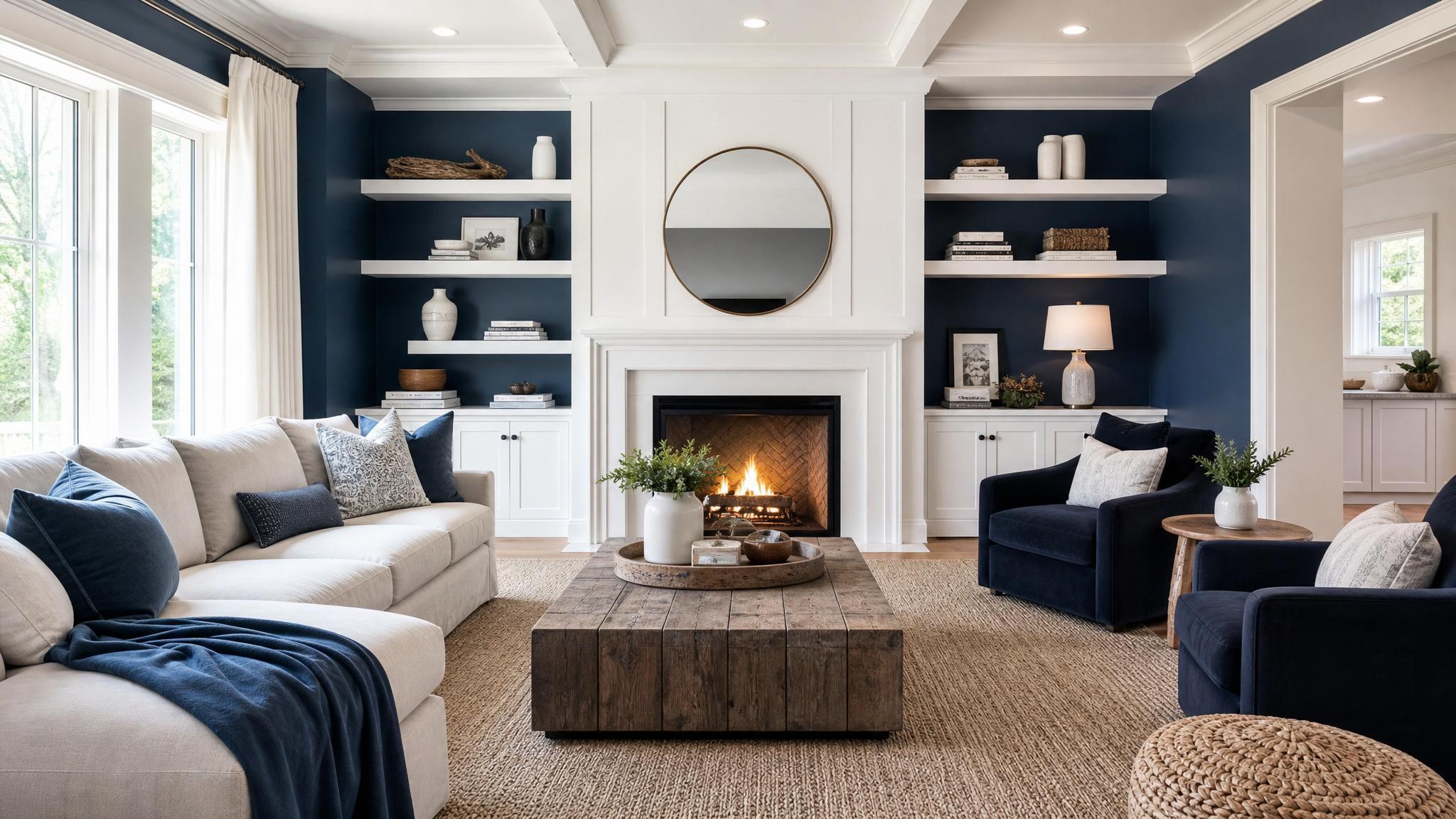 A living room featuring soft white and deep blue color scheme