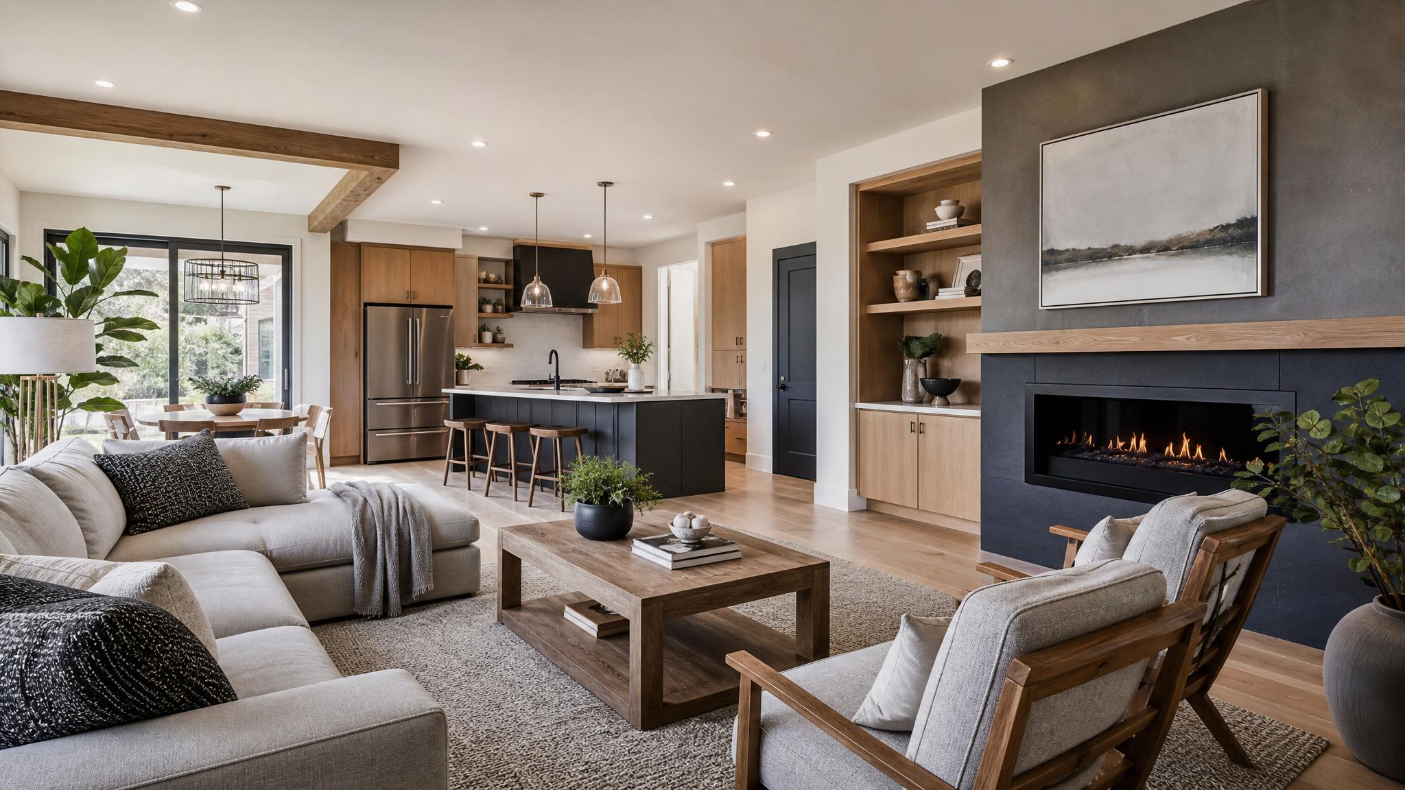 An open-plan living area with cool gray and warm wood accents