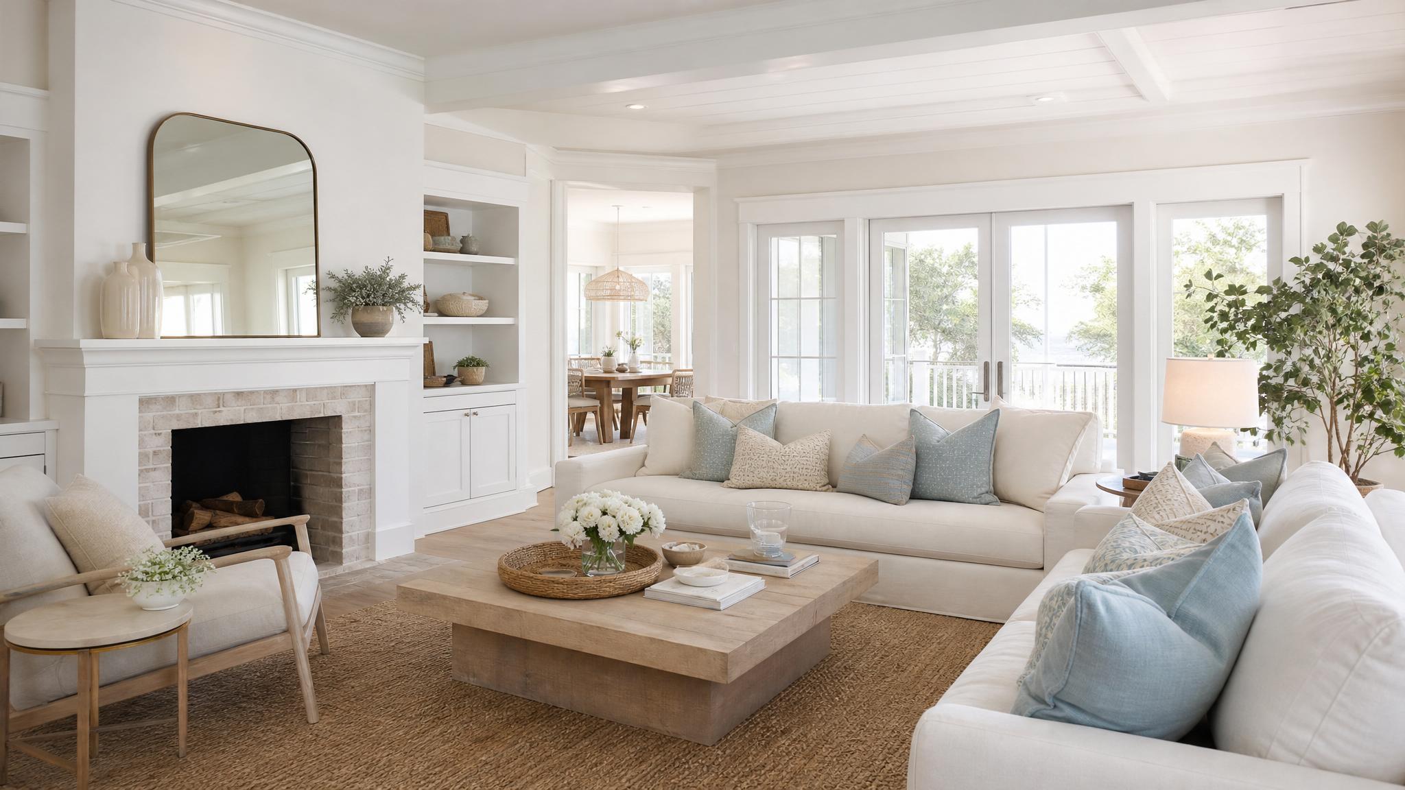 A tranquil living room with soft pastels and crisp white