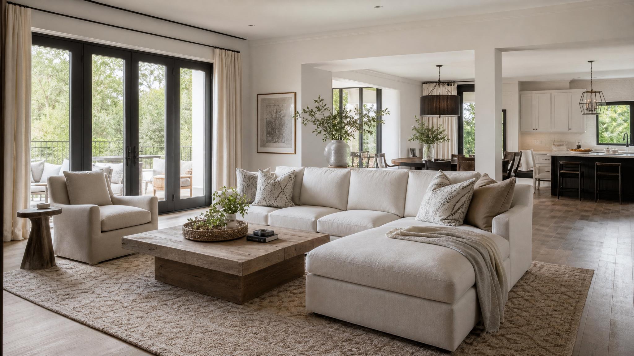 A serene open-plan living room with muted colors and elegant furnishings.