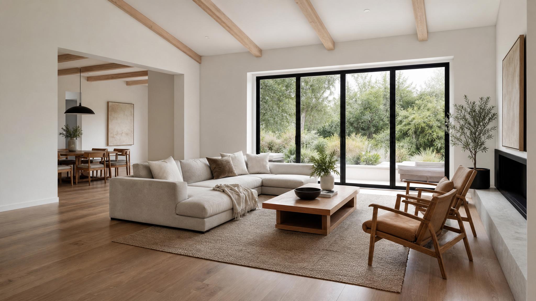 Minimalist furniture arrangement in a spacious living room.