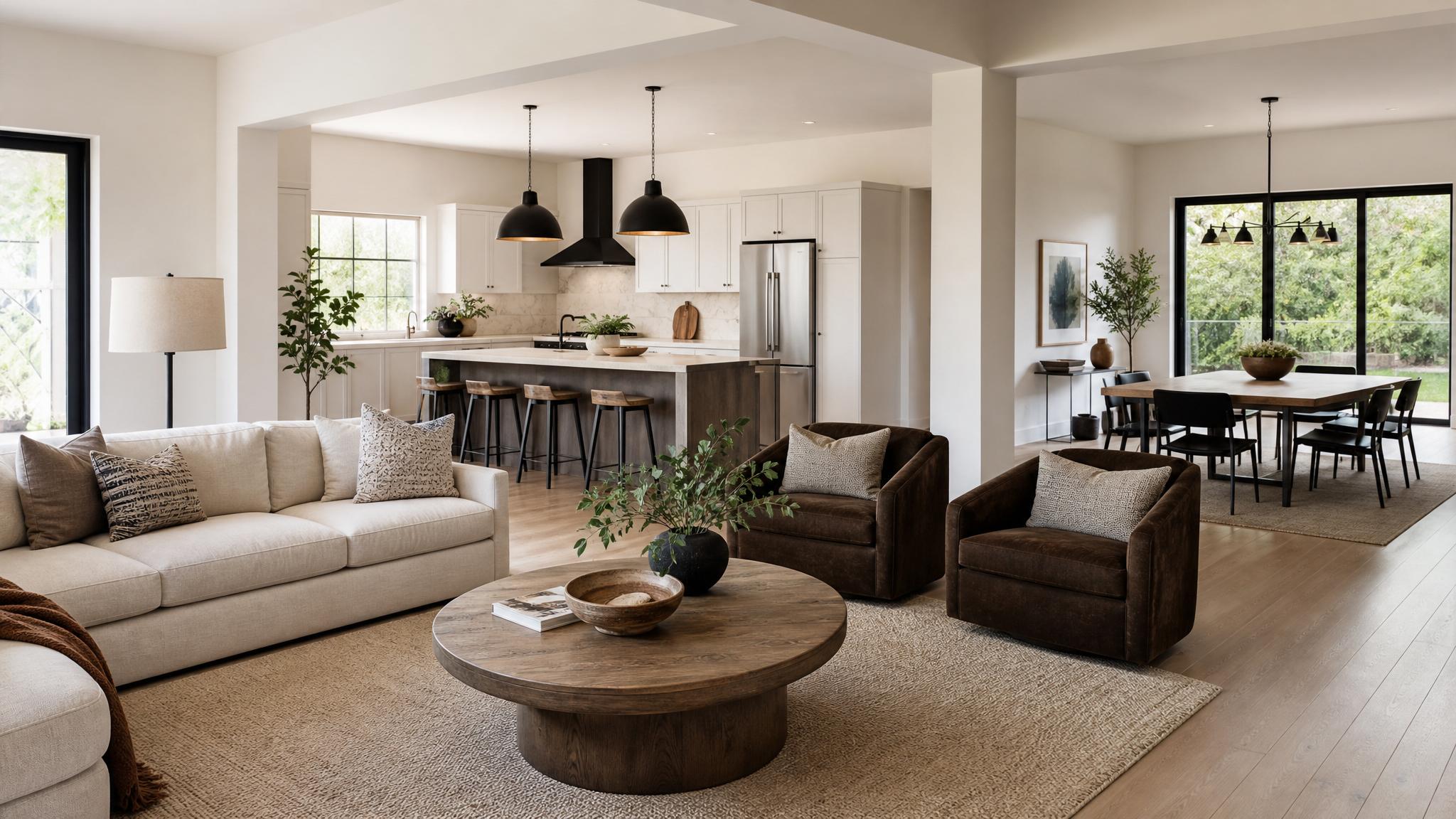 Open-plan layout showing distinct zones in living areas.