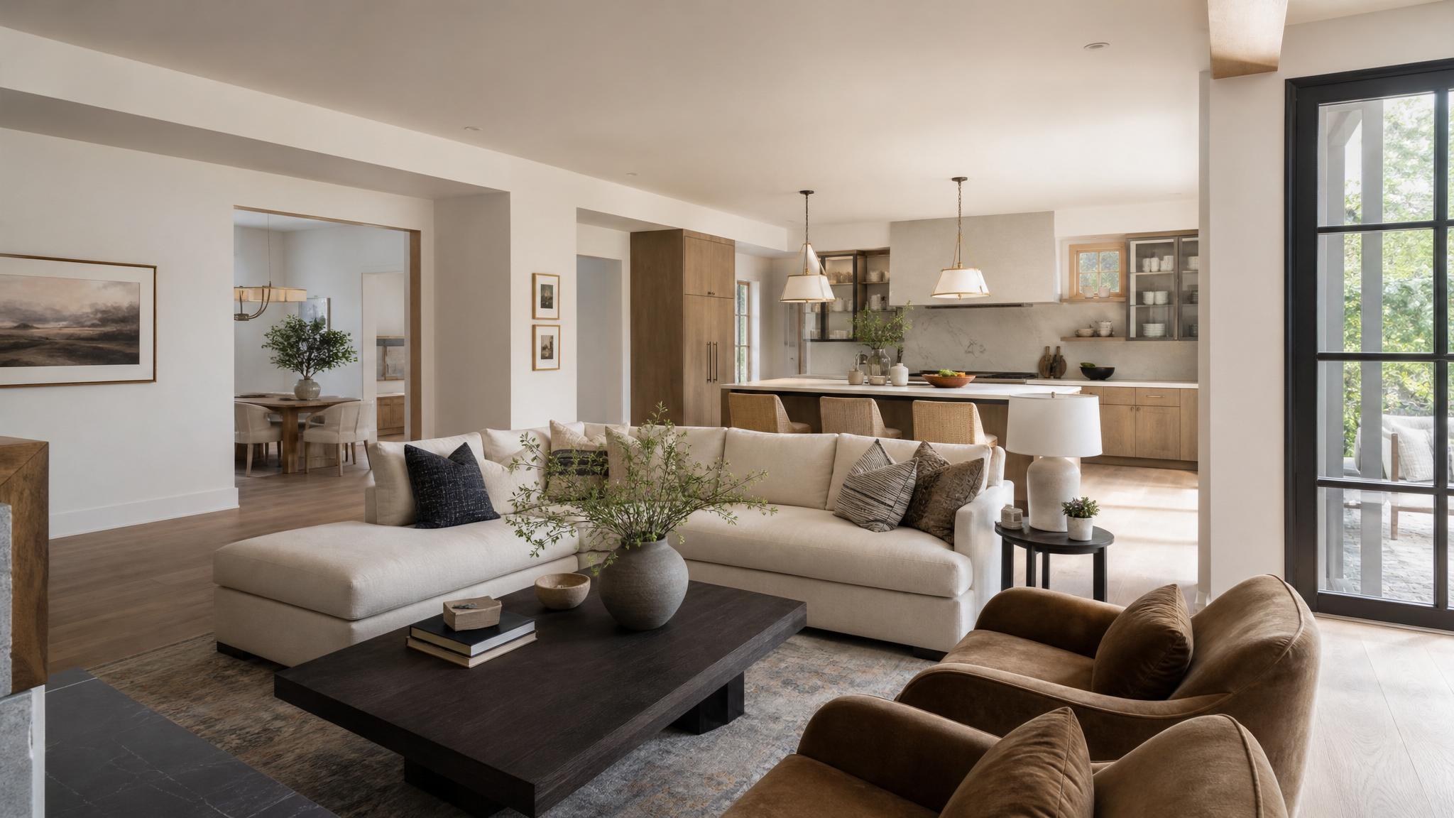 After image of a transformed open-plan living room with quiet luxury design