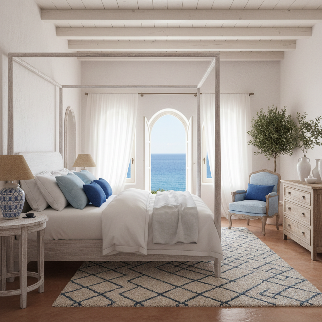 An inviting Mediterranean bedroom featuring soft whites, ocean blues, and rustic wooden furniture.