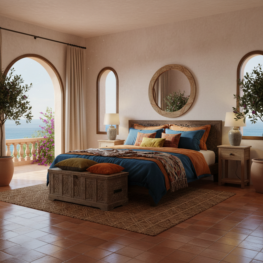 AI-generated image of a Mediterranean bedroom design featuring natural materials and vibrant colors.