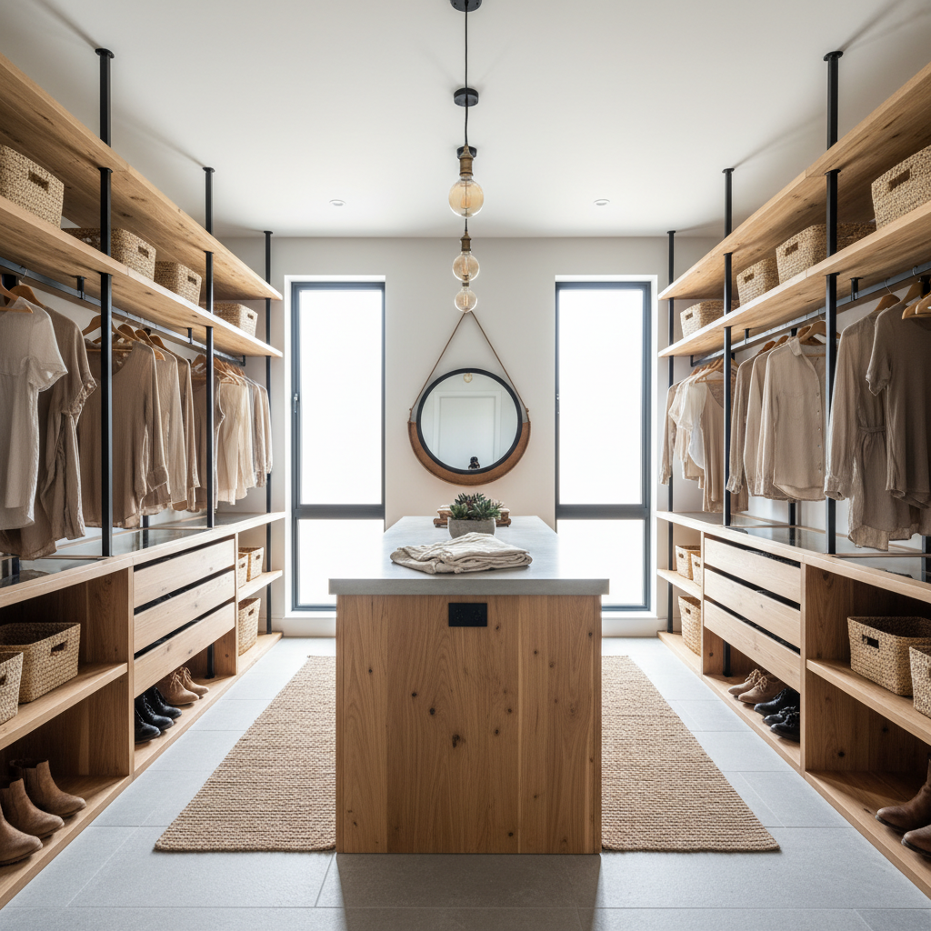 Image of a modern rustic walk-in closet with natural wood elements.