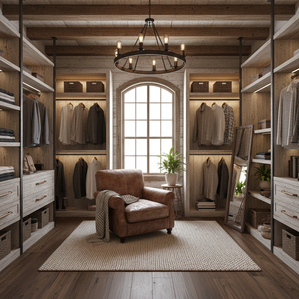 Image of a 3D visualization of a rustic walk-in closet designed using AI.