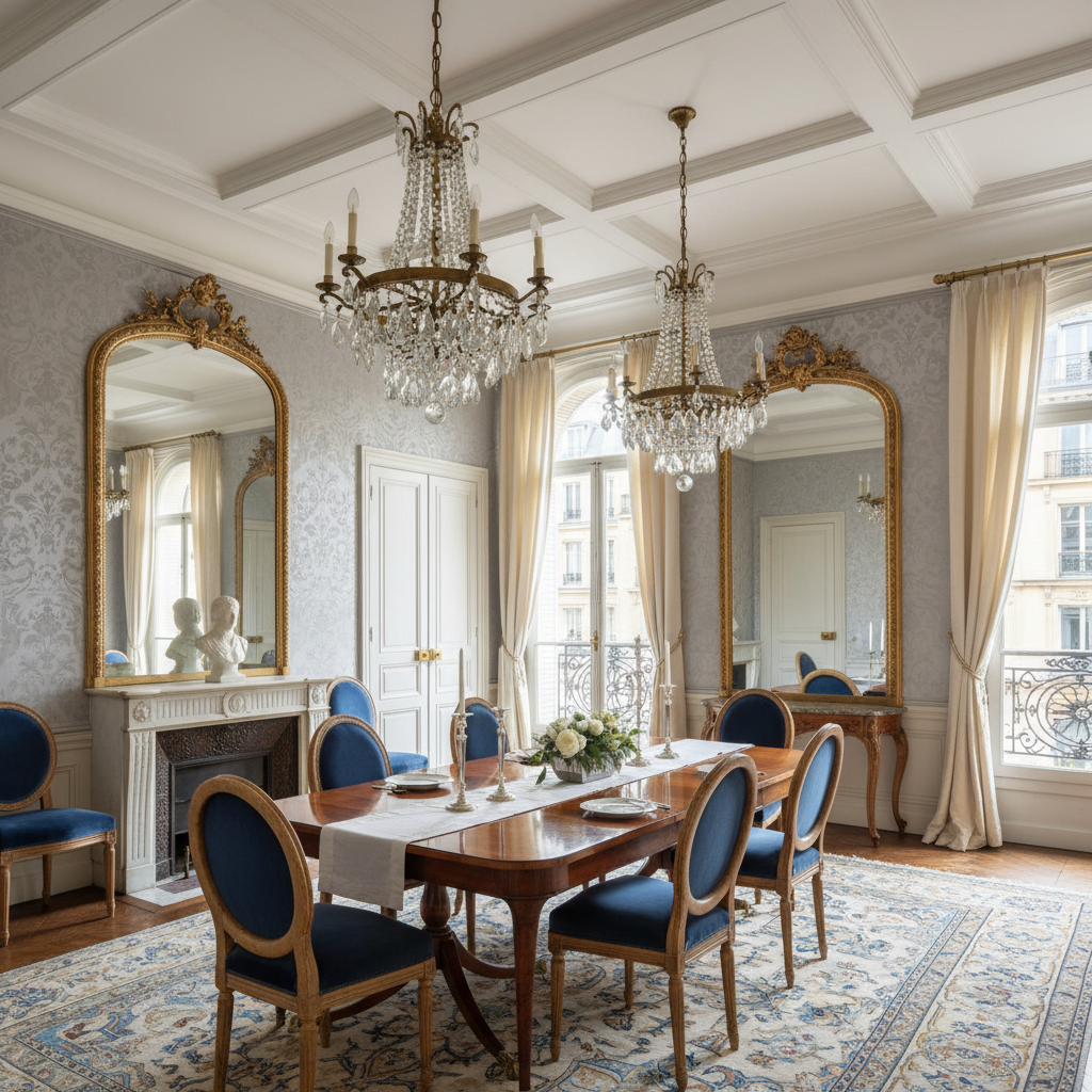 An elegant Parisian dining room featuring classic chandeliers, ornate mirrors, and elegant furniture.