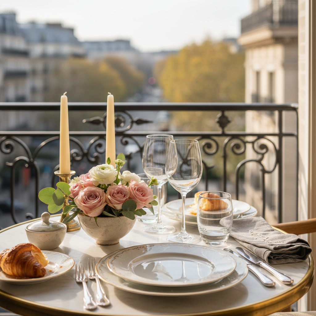 A close-up of a Parisian table setting featuring elegant dishes, flowers, and soft lighting.