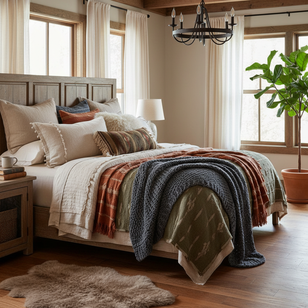 Image of layered textiles in a rustic bedroom