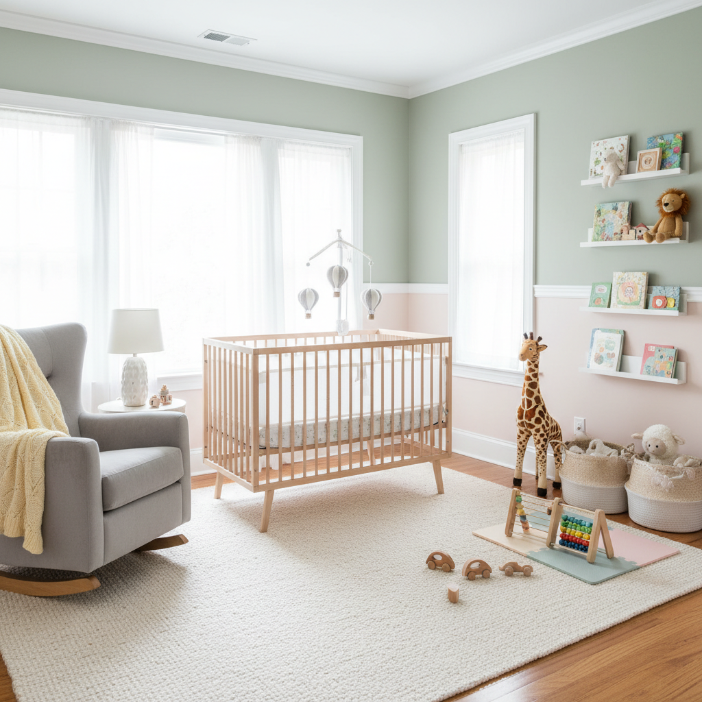 Brightly lit nursery with soft colors and toys arranged neatly