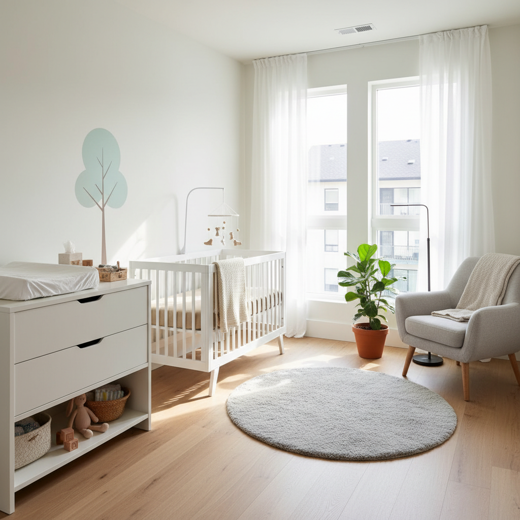 Decluttered nursery with minimal toys and decorations