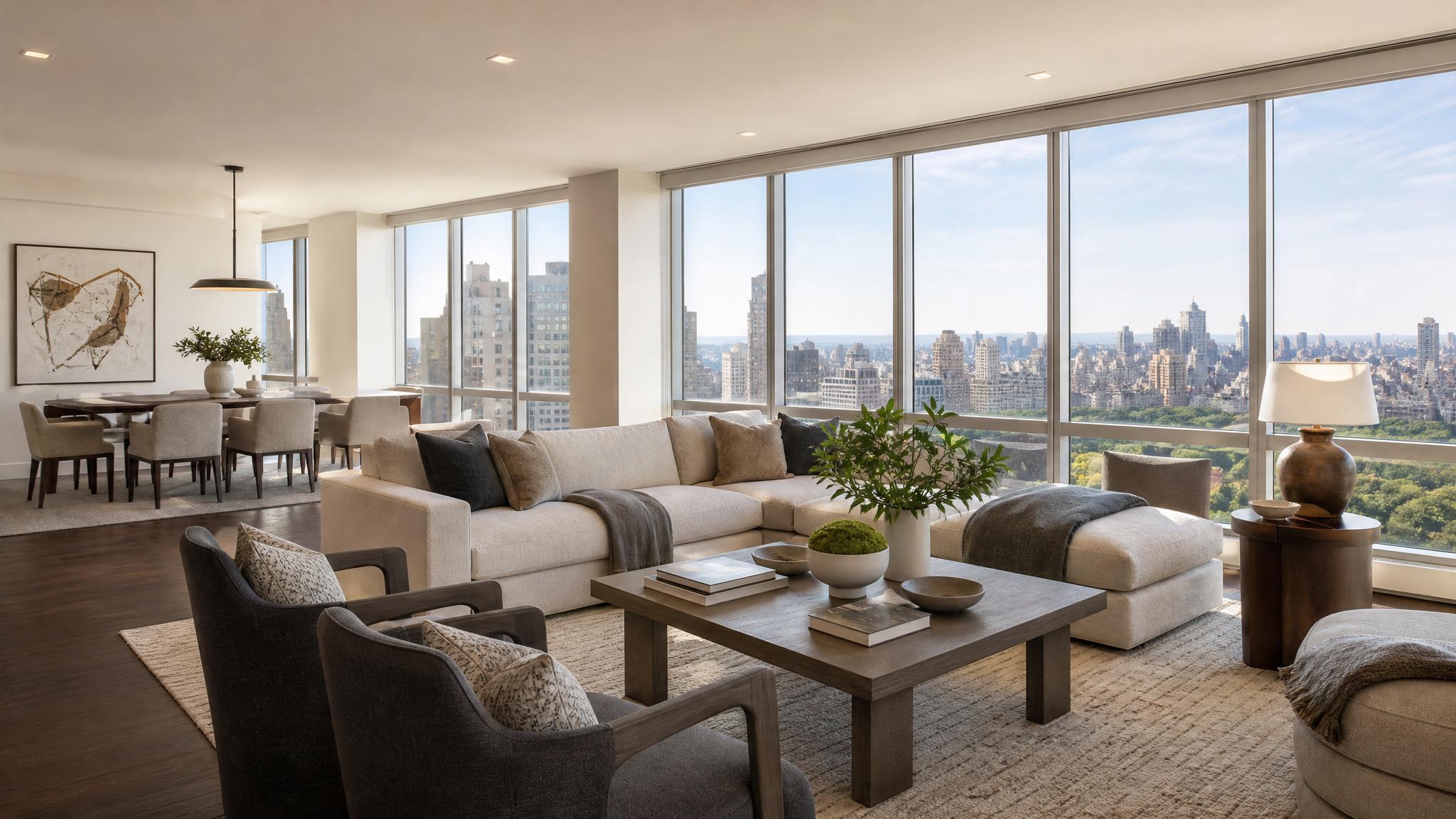 A beautifully styled open-plan living room in a modern penthouse, showcasing elegant furnishings and panoramic views.