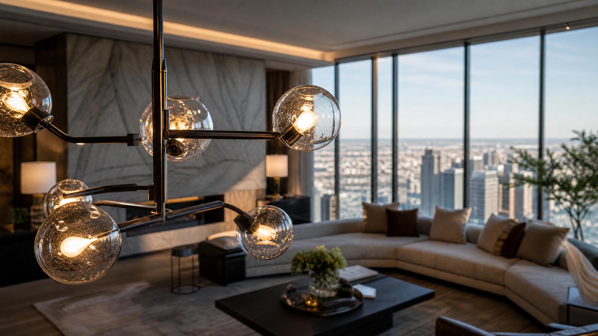 A close-up of a modern chandelier in a penthouse living room, with dramatic lighting highlighting the space.