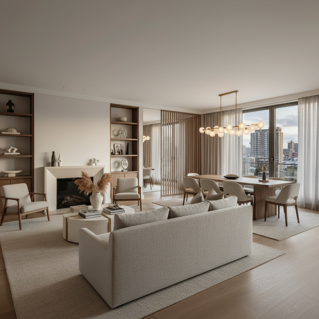 Image of a quiet luxury open-plan living room featuring neutral colors and high-end furnishings.