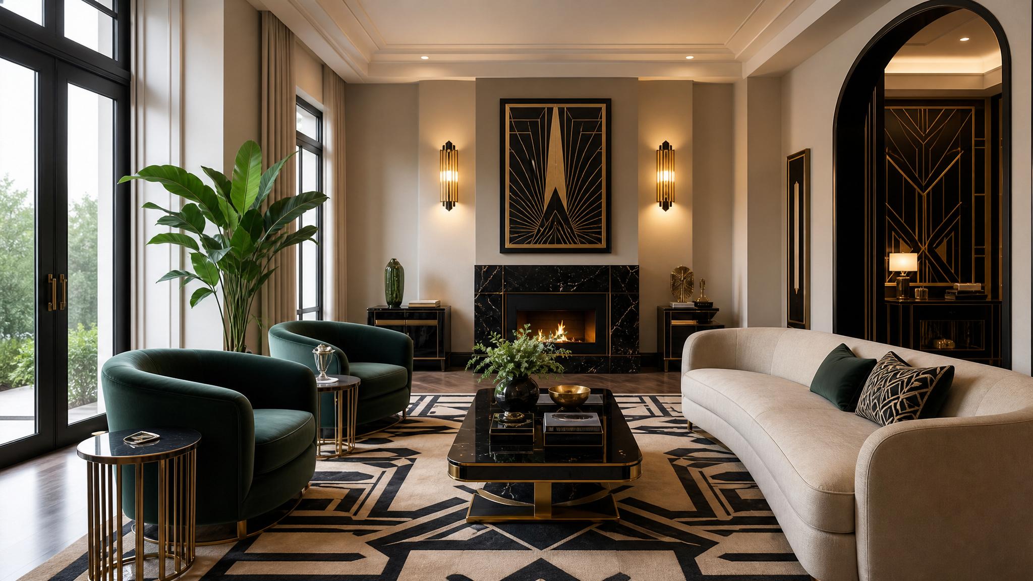 Art Deco inspired living room with geometric patterns and rich colors.