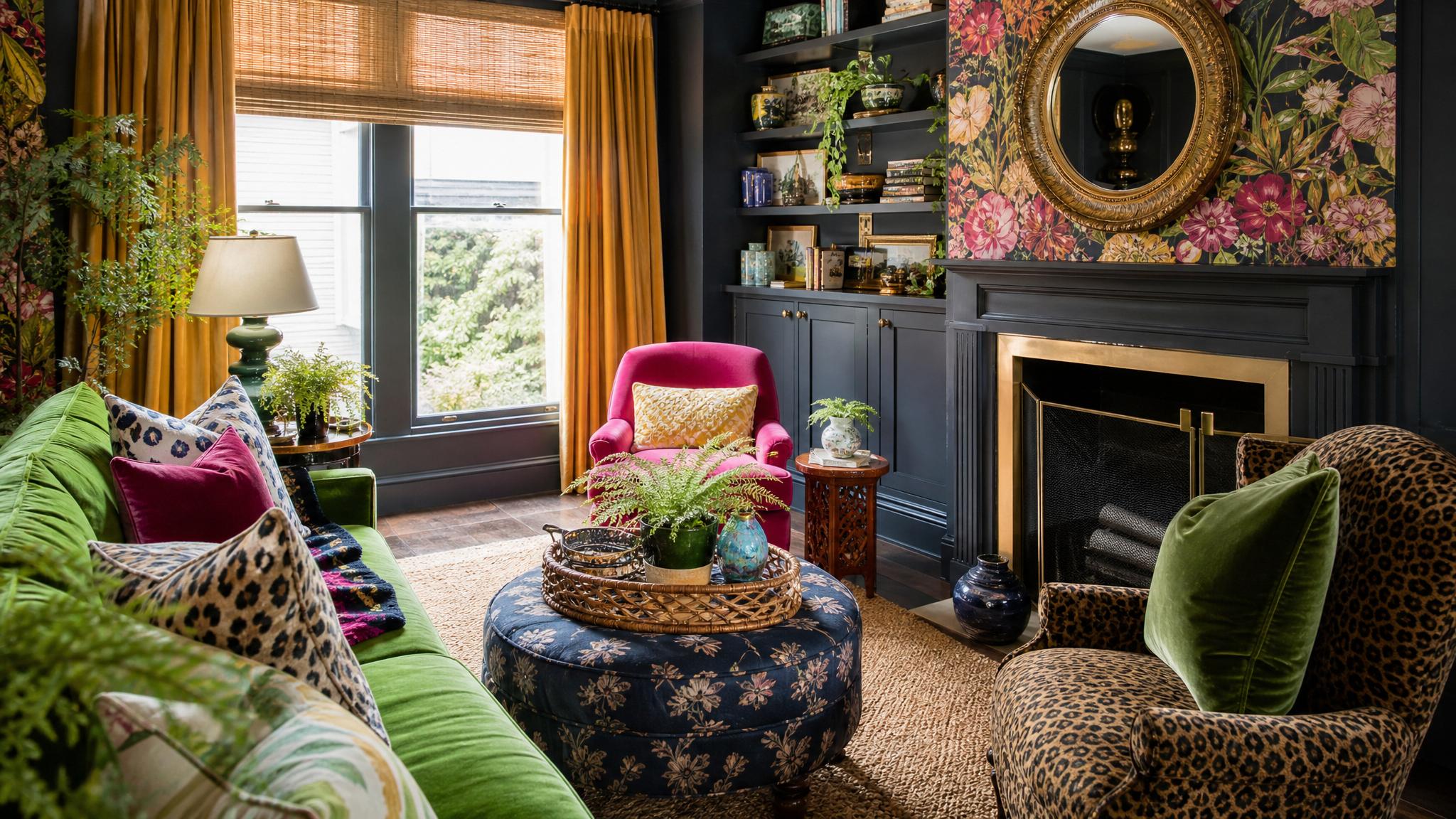 Maximalist small living room with bold colors and patterns.