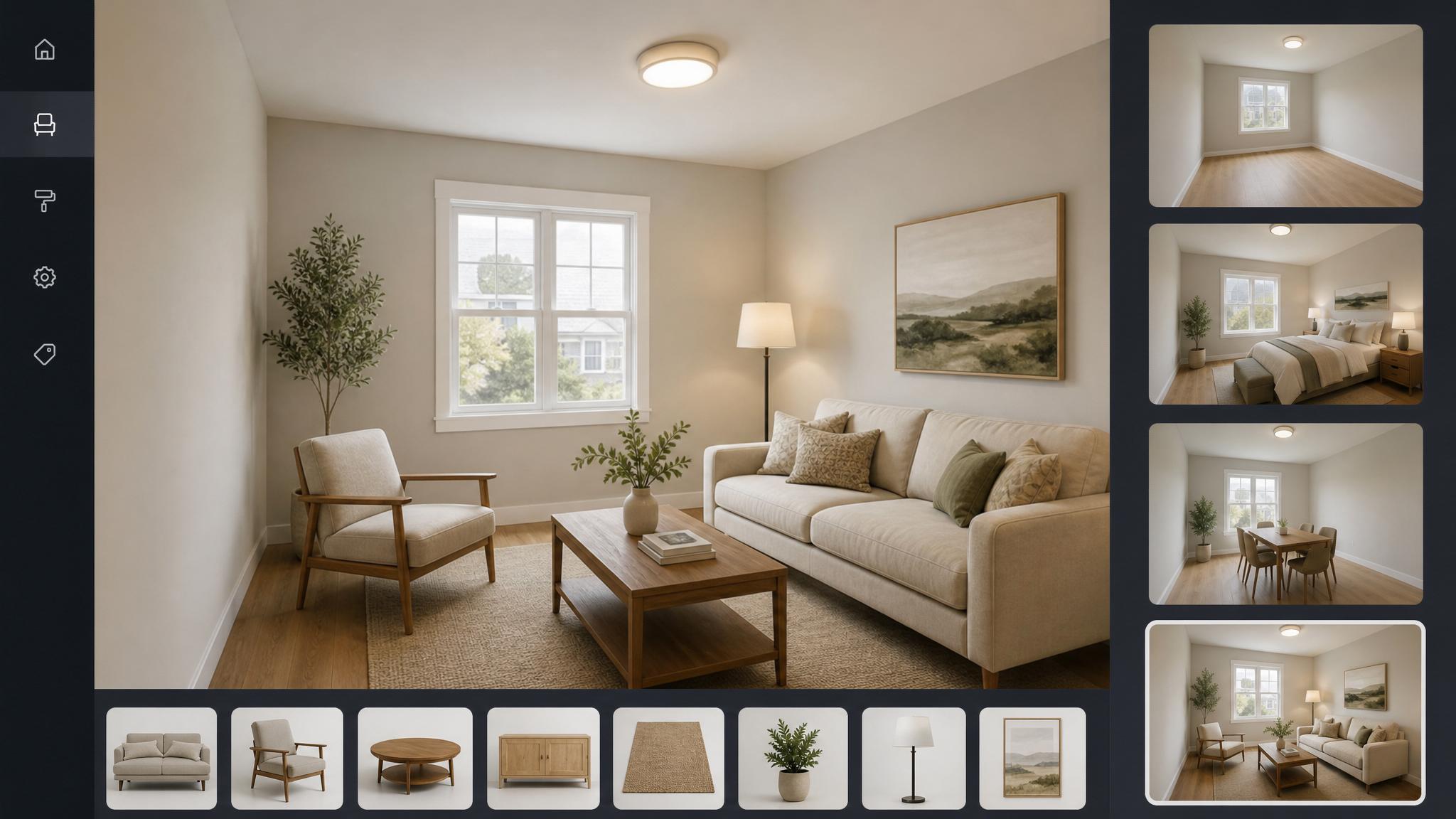 An example of a virtual staging tool interface displaying a small room.
