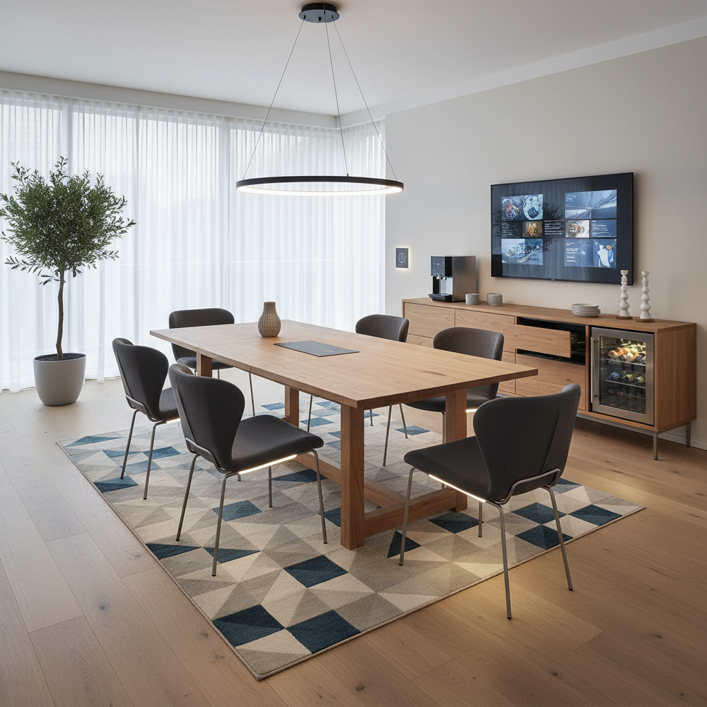 A layout of a contemporary dining room featuring smart furniture solutions