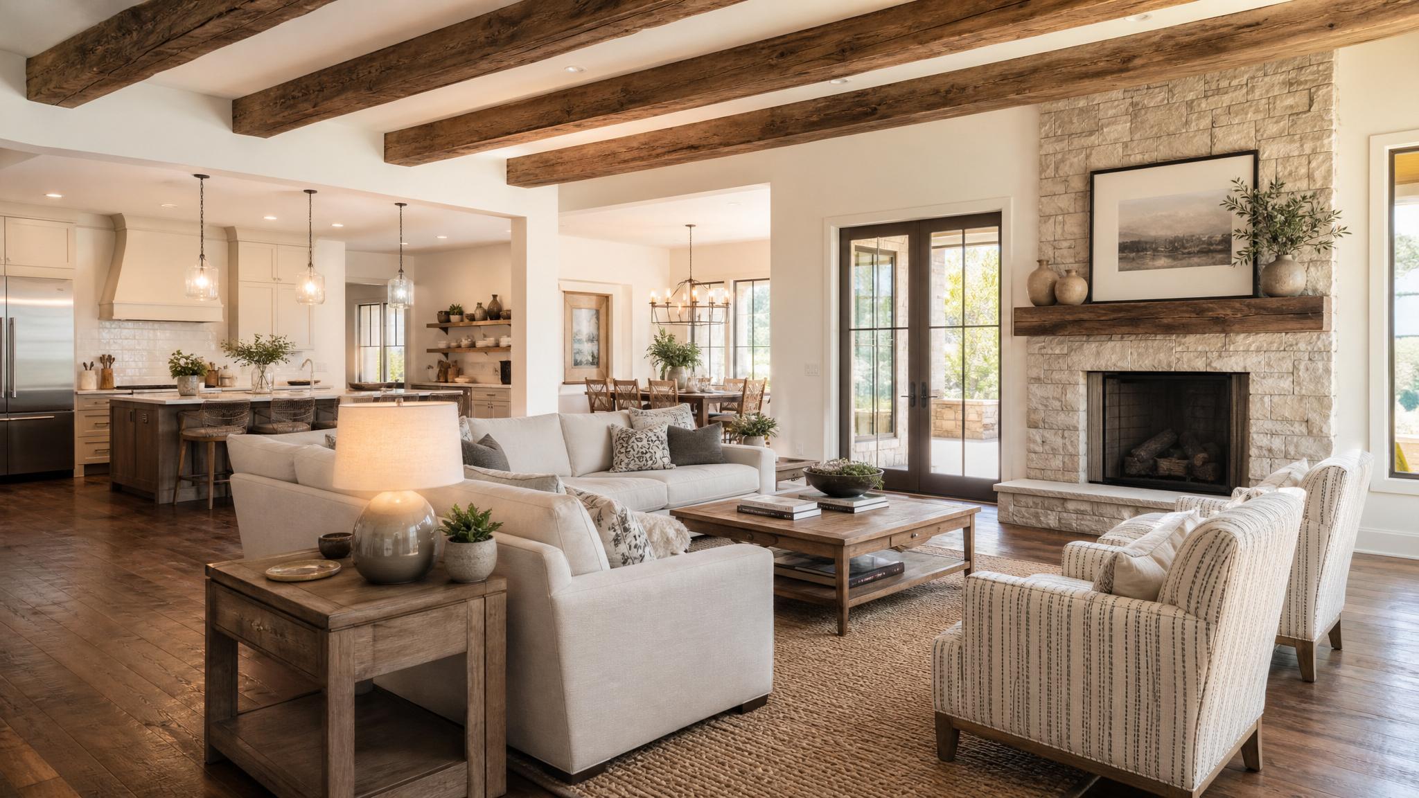 Farmhouse open-plan living room showcasing wooden beams and airy spaces