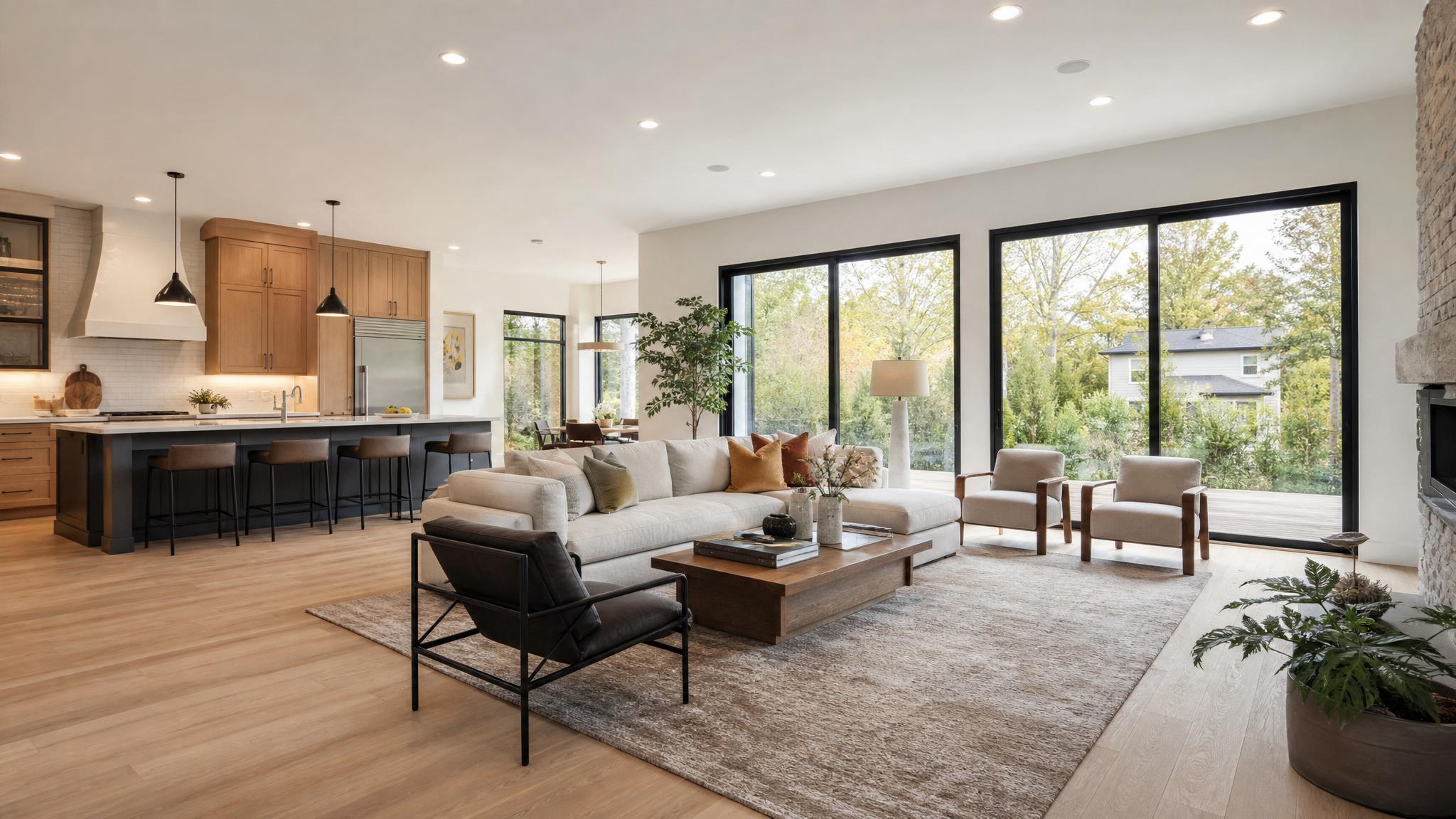Open-plan family room with large windows and natural light