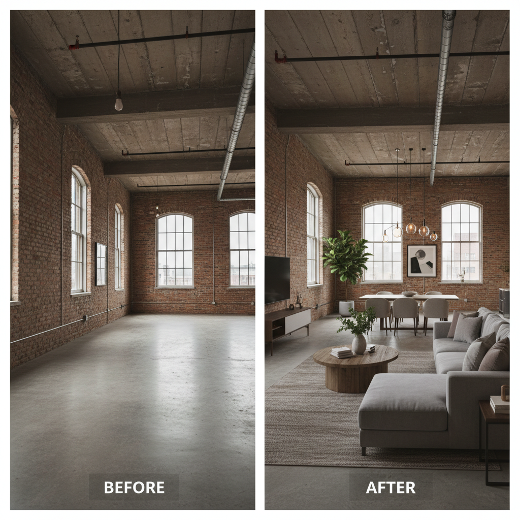 Before and after comparison of a loft, showcasing the transformation with virtual staging.