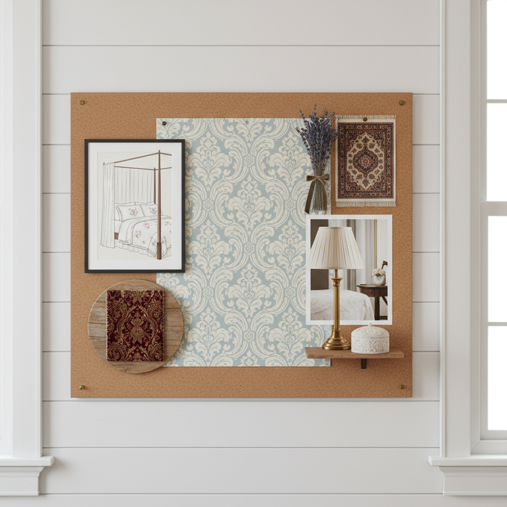 AI-generated mood board featuring traditional elements for a guest bedroom.