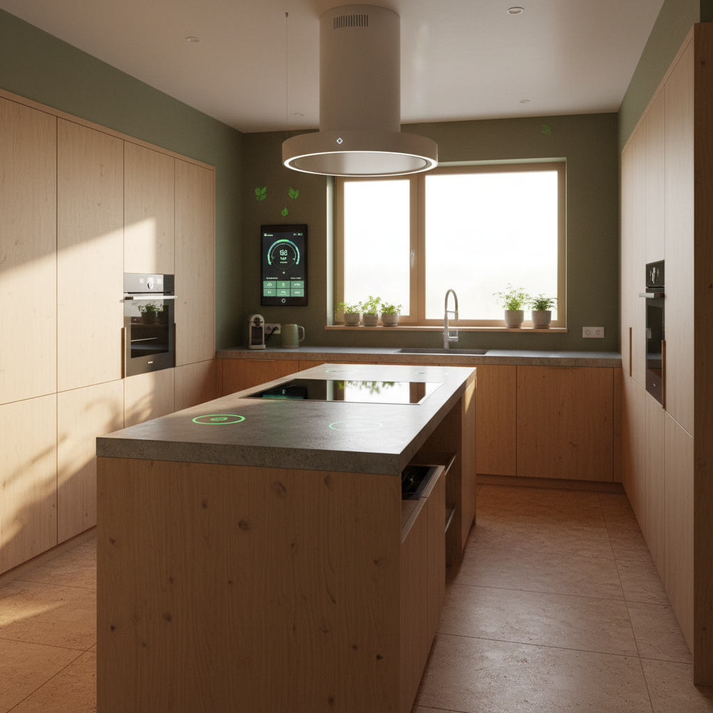 A modern kitchen featuring eco-friendly materials and smart home technology.
