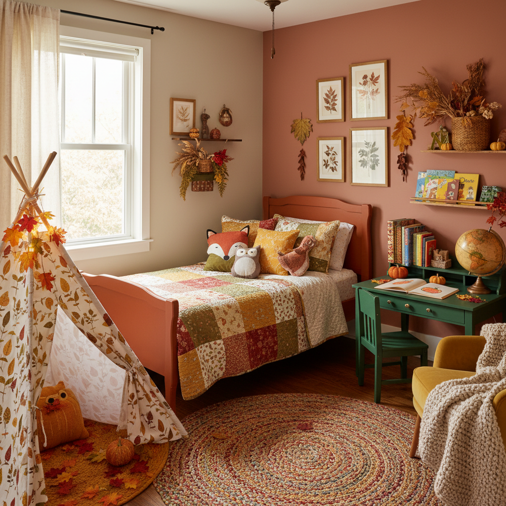 Eclectic kids bedroom with autumn colors and decor