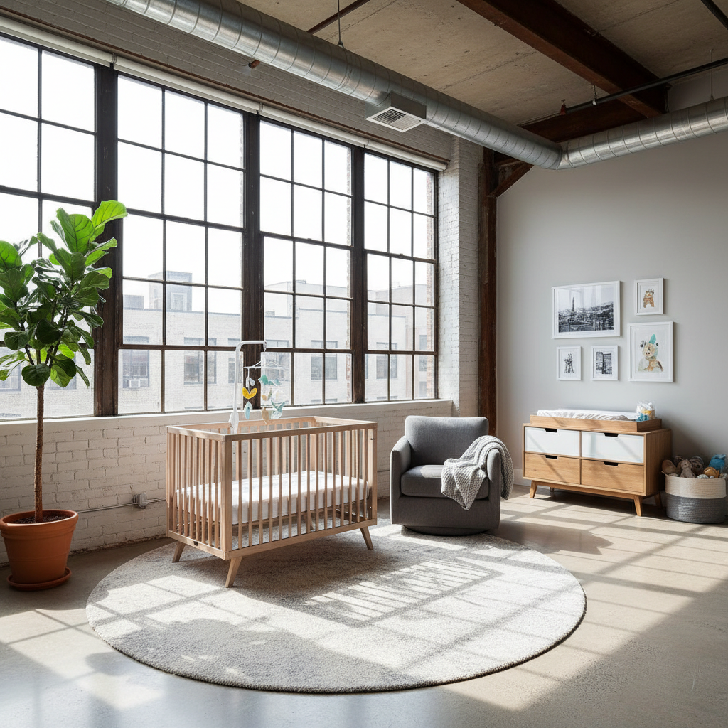 Image of a modern urban loft nursery with ample natural light and open space